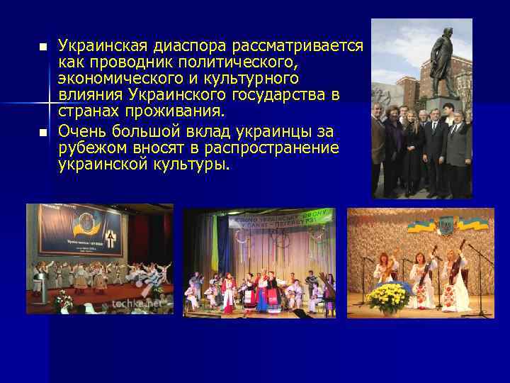 n n Украинская диаспора рассматривается как проводник политического, экономического и культурного влияния Украинского государства