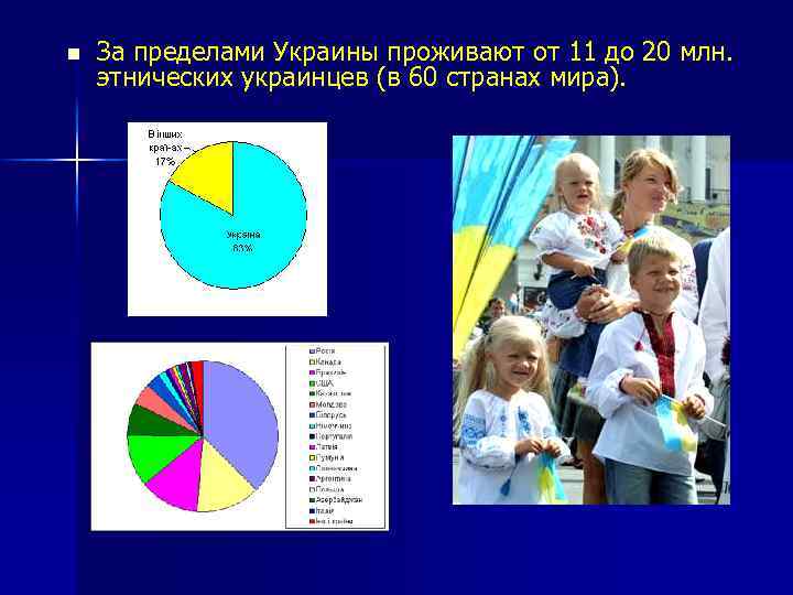 n За пределами Украины проживают от 11 до 20 млн. этнических украинцев (в 60