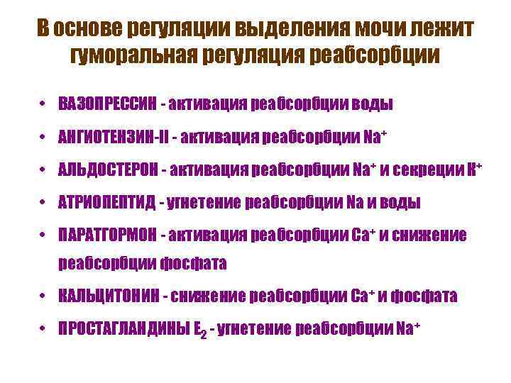 В основе регуляции выделения мочи лежит гуморальная регуляция реабсорбции • ВАЗОПРЕССИН - активация реабсорбции