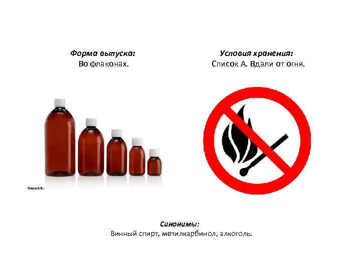 Форма выпуска: Во флаконах. Условия хранения: Список А. Вдали от огня. Синонимы: Винный спирт,
