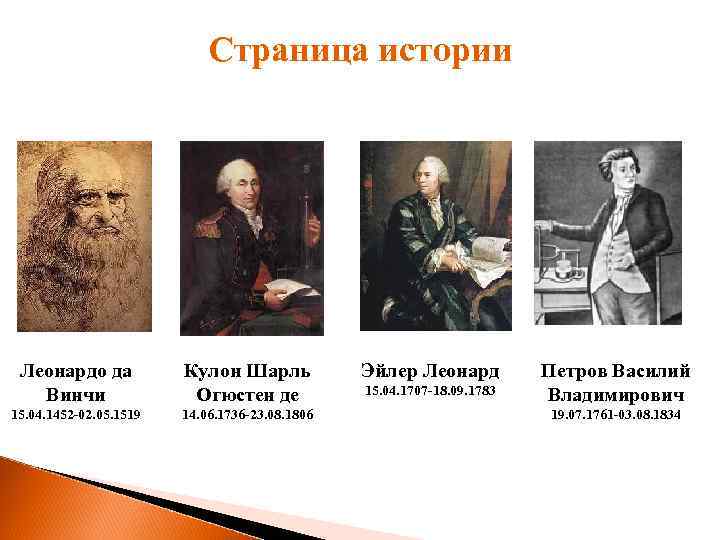 Страница истории Леонардо да Винчи Кулон Шарль Огюстен де 15. 04. 1452 02. 05.
