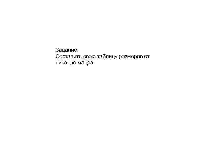 Задание: Составить свою таблицу размеров от пико- до макро- 