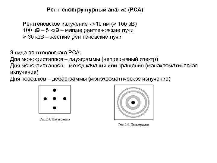 Рентгеноструктурный анализ (РСА) Рентгеновское излучение <10 нм (> 100 э. В) 100 э. В