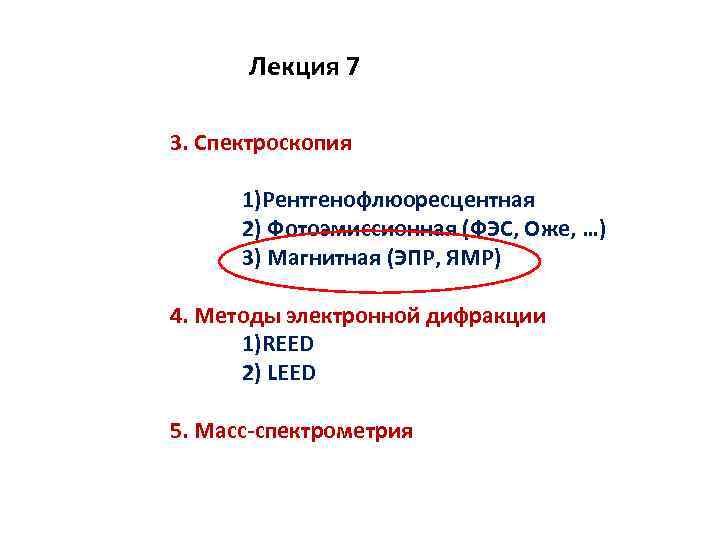 Лекция 7 3. Спектроскопия 1)Рентгенофлюоресцентная 2) Фотоэмиссионная (ФЭС, Оже, …) 3) Магнитная (ЭПР, ЯМР)