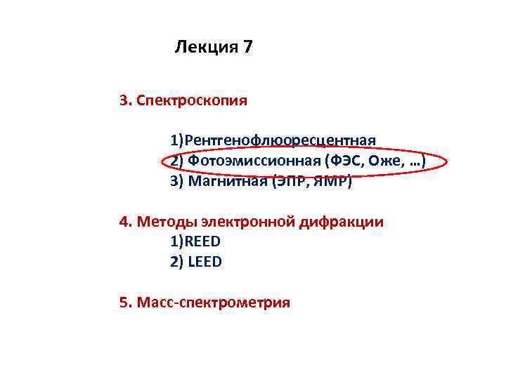 Лекция 7 3. Спектроскопия 1)Рентгенофлюоресцентная 2) Фотоэмиссионная (ФЭС, Оже, …) 3) Магнитная (ЭПР, ЯМР)