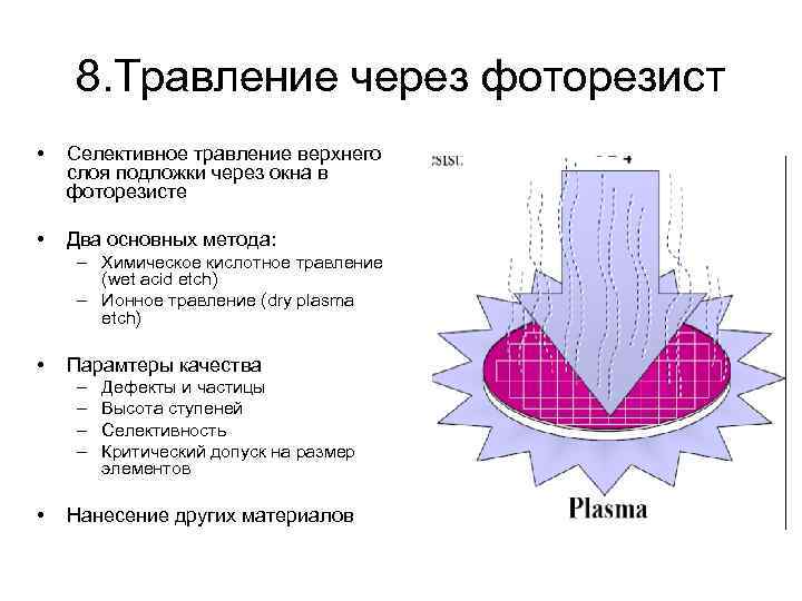 8. Травление через фоторезист • Селективное травление верхнего слоя подложки через окна в фоторезисте