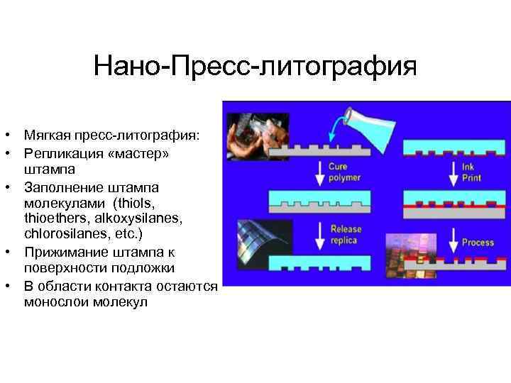 Нано-Пресс-литография • Мягкая пресс-литография: • Репликация «мастер» штампа • Заполнение штампа молекулами (thiols, thioethers,