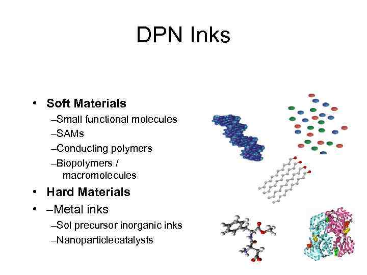 DPN Inks • Soft Materials –Small functional molecules –SAMs –Conducting polymers –Biopolymers / macromolecules