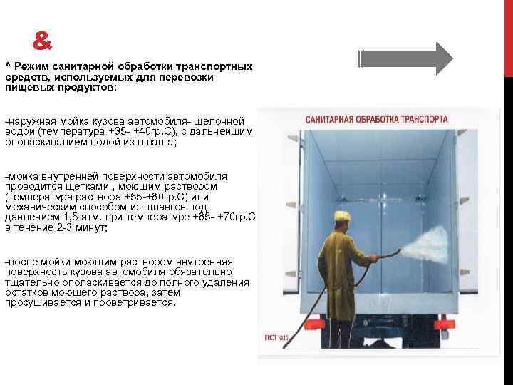 & ^ Режим санитарной обработки транспортных средств, используемых для перевозки пищевых продуктов: -наружная мойка