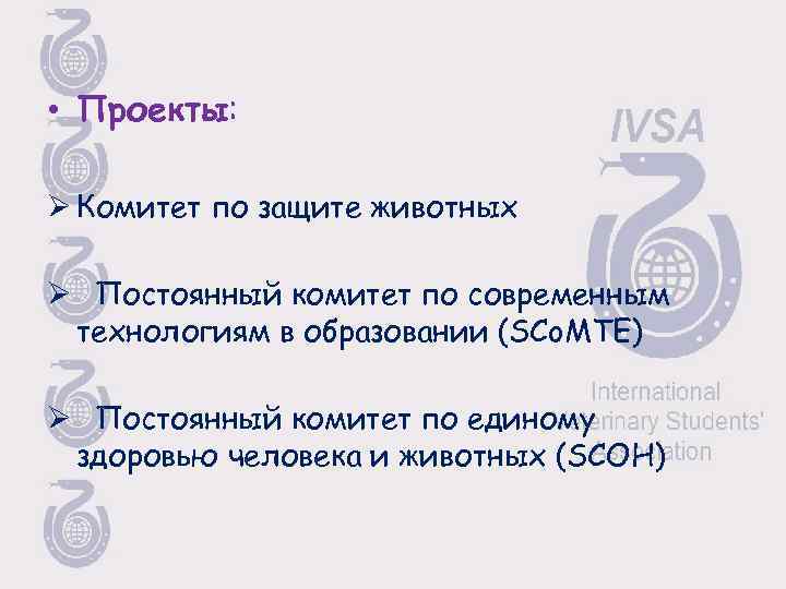  • Проекты: Ø Комитет по защите животных Ø Постоянный комитет по современным технологиям