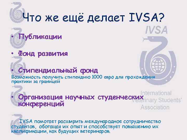 Что же ещё делает IVSA? • Публикации • Фонд развития • Стипендиальный фонд Возможность