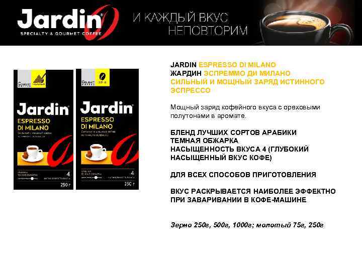 JARDIN ESPRESSO DI MILANO ЖАРДИН ЭСПРЕММО ДИ МИЛАНО СИЛЬНЫЙ И МОЩНЫЙ ЗАРЯД ИСТИННОГО ЭСПРЕССО