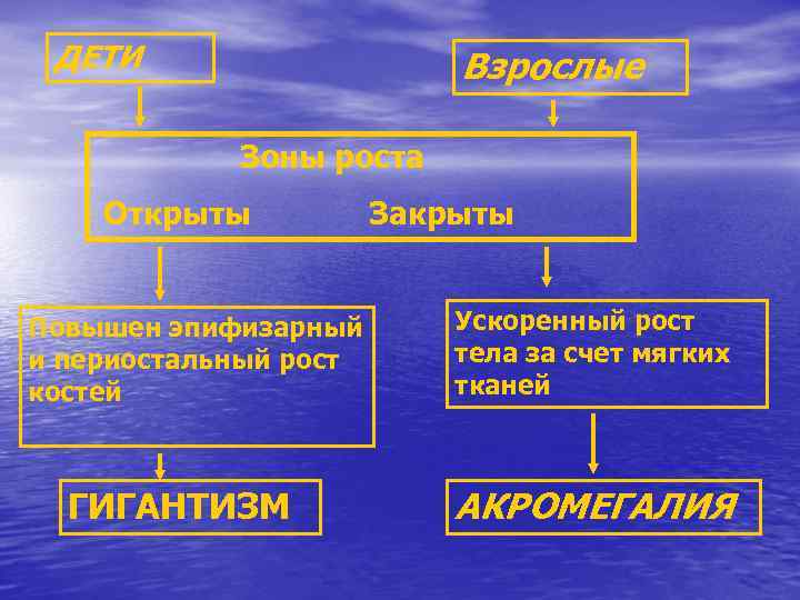 ДЕТИ Взрослые Зоны роста Открыты Повышен эпифизарный и периостальный рост костей ГИГАНТИЗМ Закрыты Ускоренный