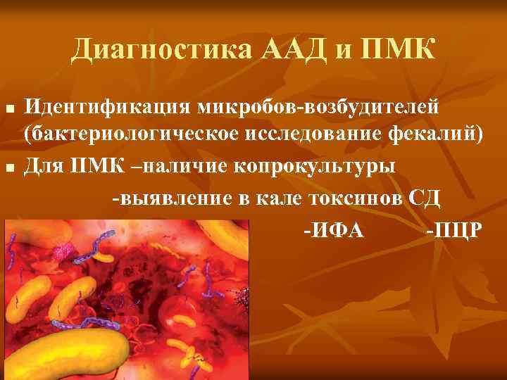 Диагностика ААД и ПМК Идентификация микробов-возбудителей (бактериологическое исследование фекалий) n Для ПМК –наличие копрокультуры