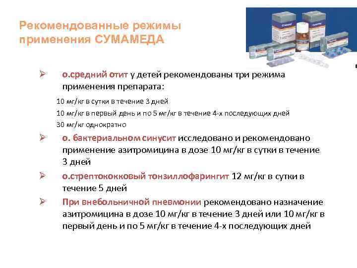 Рекомендованные режимы применения СУМАМЕДА Ø о. средний отит у детей рекомендованы три режима применения