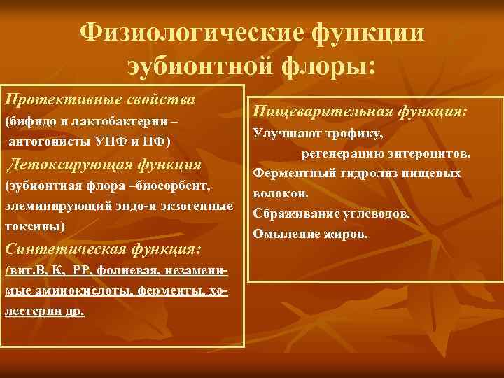 Физиологические функции эубионтной флоры: Протективные свойства (бифидо и лактобактерии – антогонисты УПФ и ПФ)