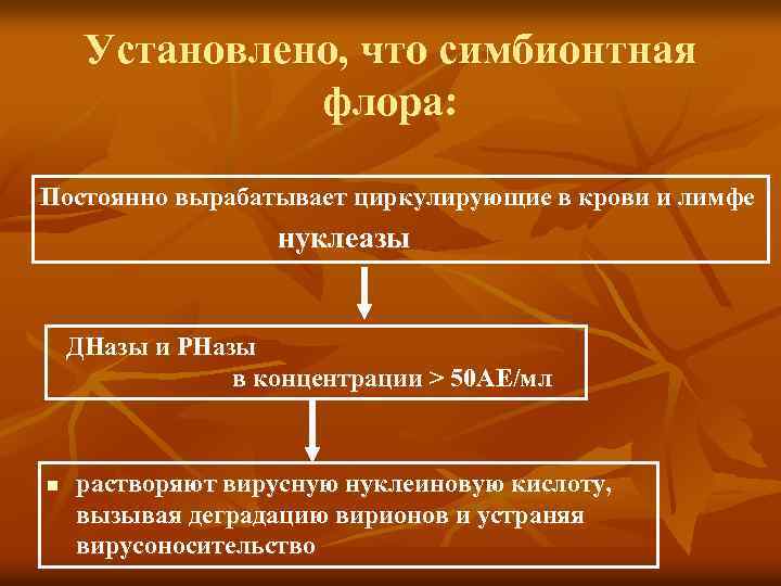 Установлено, что симбионтная флора: Постоянно вырабатывает циркулирующие в крови и лимфе нуклеазы ДНазы и