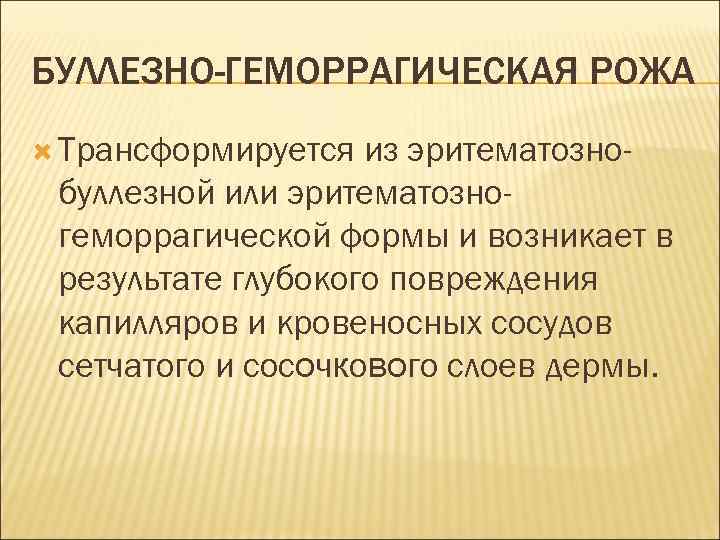 БУЛЛЕЗНО-ГЕМОРРАГИЧЕСКАЯ РОЖА Трансформируется из эритематознобуллезной или эритематозногеморрагической формы и возникает в результате глубокого повреждения