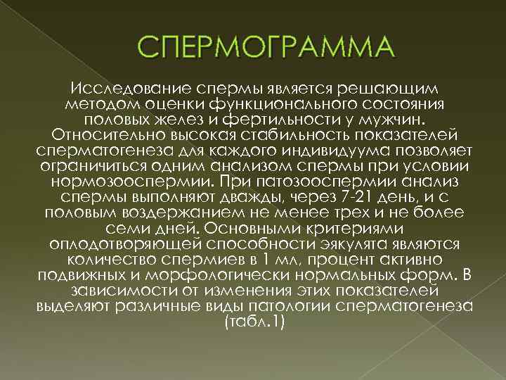 СПЕРМОГРАММА Исследование спермы является решающим методом оценки функционального состояния половых желез и фертильности у
