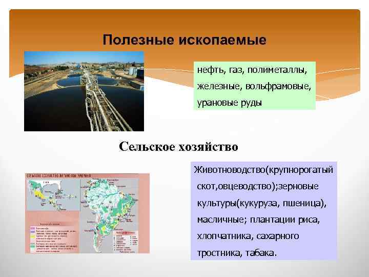 Полезные ископаемые нефть, газ, полиметаллы, железные, вольфрамовые, урановые руды Сельское хозяйство Животноводство(крупнорогатый скот, овцеводство);