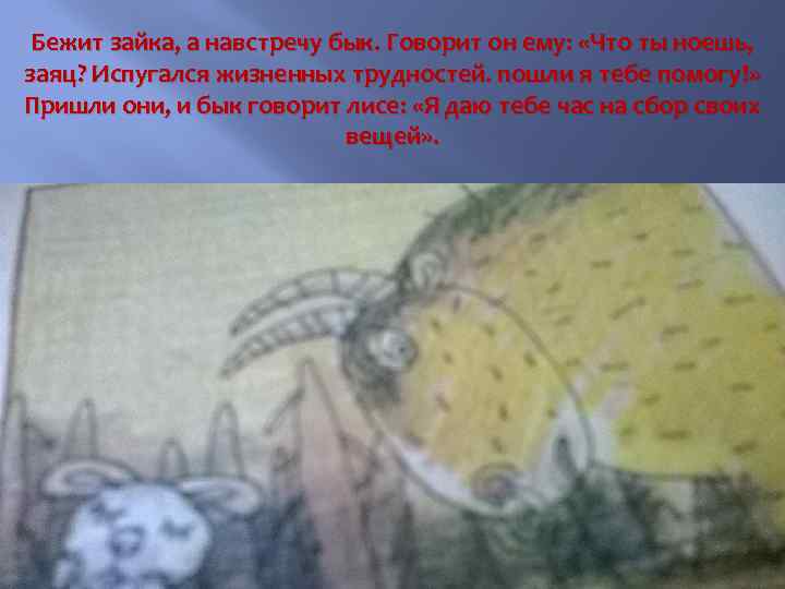 Бежит зайка, а навстречу бык. Говорит он ему: «Что ты ноешь, заяц? Испугался жизненных
