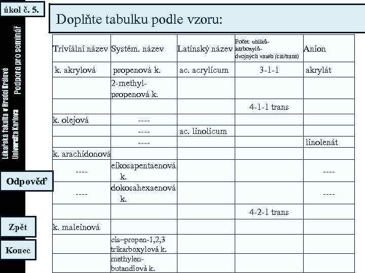 úkol č. 5. Doplňte tabulku podle vzoru: Triviální název Systém. název Latinský název k.