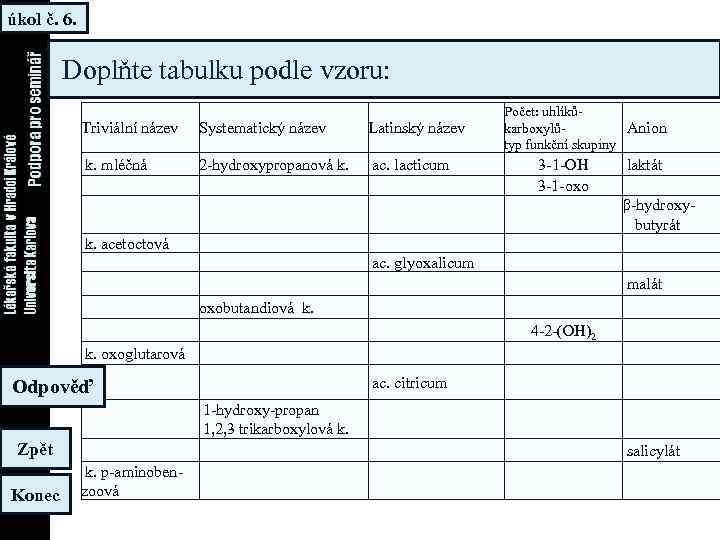 úkol č. 6. Doplňte tabulku podle vzoru: Triviální název Systematický název Latinský název k.