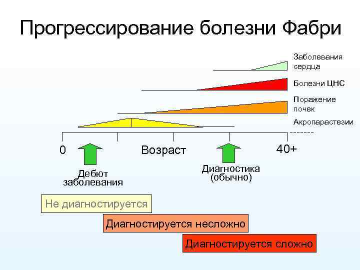 Прогрессирование болезни Фабри Заболевания сердца Болезни ЦНС Поражение почек Акропарастезии 0 40+ Возраст Дебют