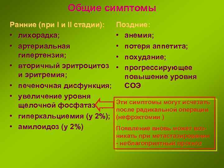 Общие симптомы Ранние (при I и II стадии): • лихорадка; • артериальная гипертензия; •