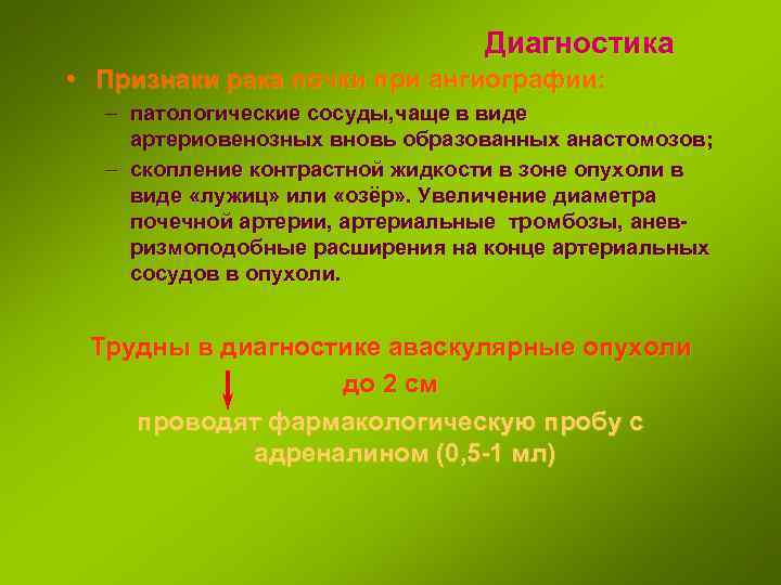 Диагностика • Признаки рака почки при ангиографии: – патологические сосуды, чаще в виде артериовенозных