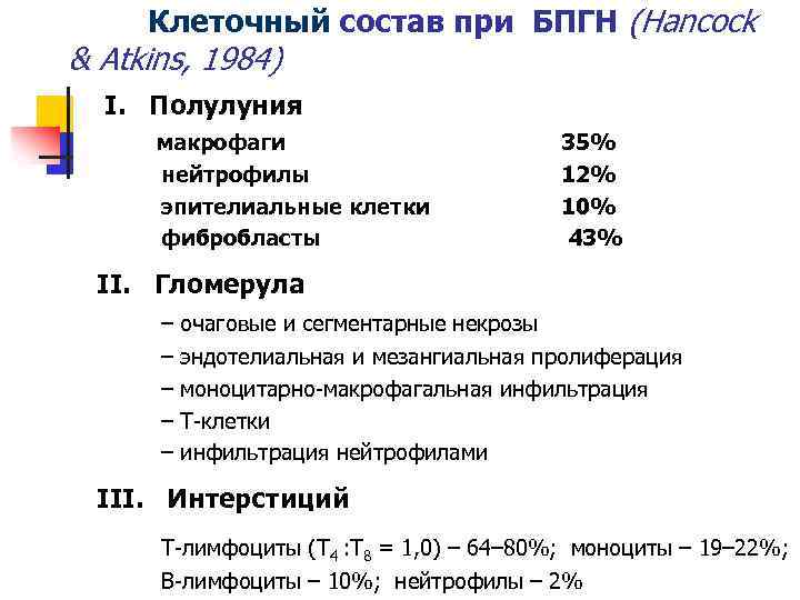 Клеточный состав при БПГН (Hancock & Atkins, 1984) I. Полулуния макрофаги 35% нейтрофилы 12%