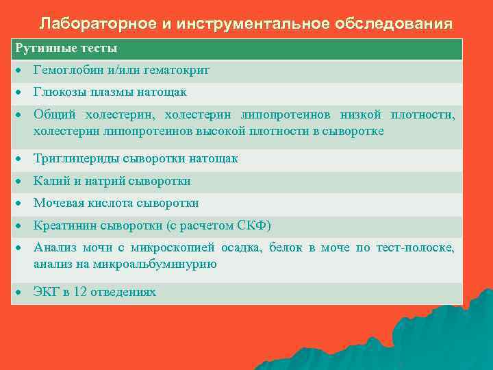 Лабораторное и инструментальное обследования Рутинные тесты Гемоглобин и/или гематокрит Глюкозы плазмы натощак Общий холестерин,