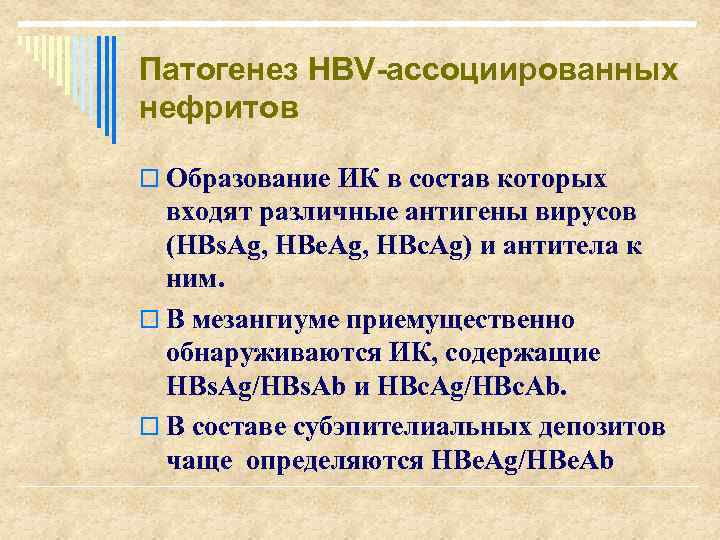 Патогенез НВV-ассоциированных нефритов o Образование ИК в состав которых входят различные антигены вирусов (НВs.