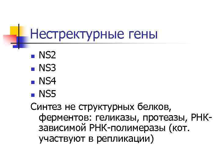 Нестректурные гены NS 2 n NS 3 n NS 4 n NS 5 Синтез