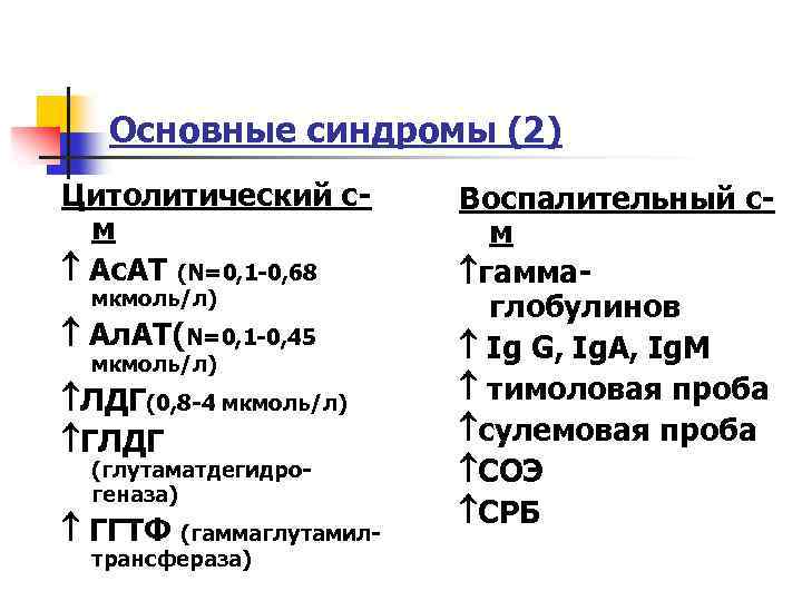 Основные синдромы (2) Цитолитический см Ас. АТ (N=0, 1 -0, 68 мкмоль/л) Ал. АТ(N=0,