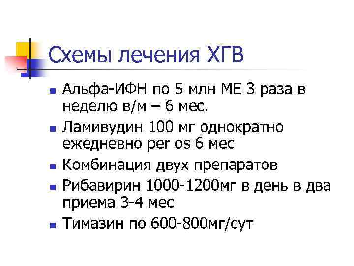 Схемы лечения ХГВ n n n Альфа-ИФН по 5 млн МЕ 3 раза в