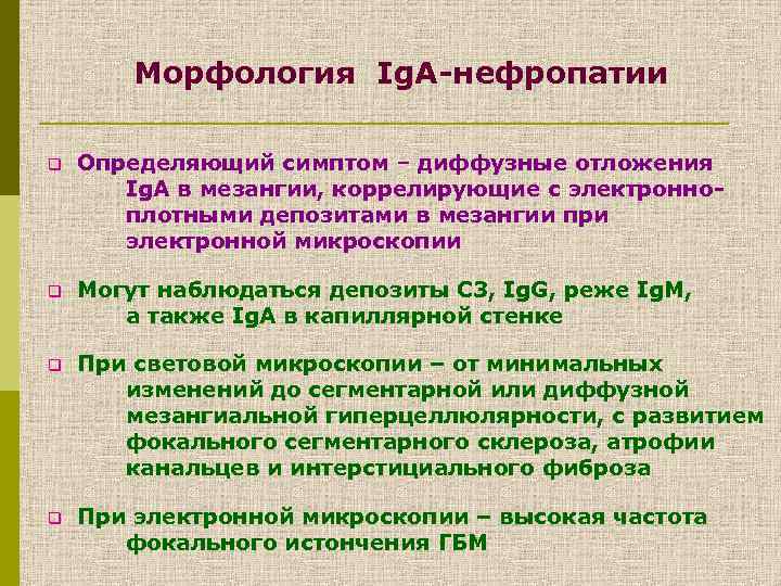 Морфология Ig. А-нефропатии q Определяющий симптом – диффузные отложения Ig. A в мезангии, коррелирующие