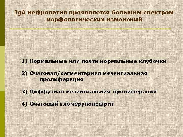 Ig. A нефропатия проявляется большим спектром морфологических изменений 1) Нормальные или почти нормальные клубочки