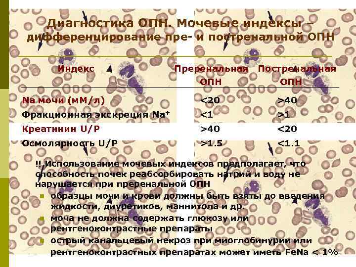 Диагностика ОПН. Мочевые индексы – дифференцирование пре- и постренальной ОПН Индекс Преренальная Постренальная ОПН