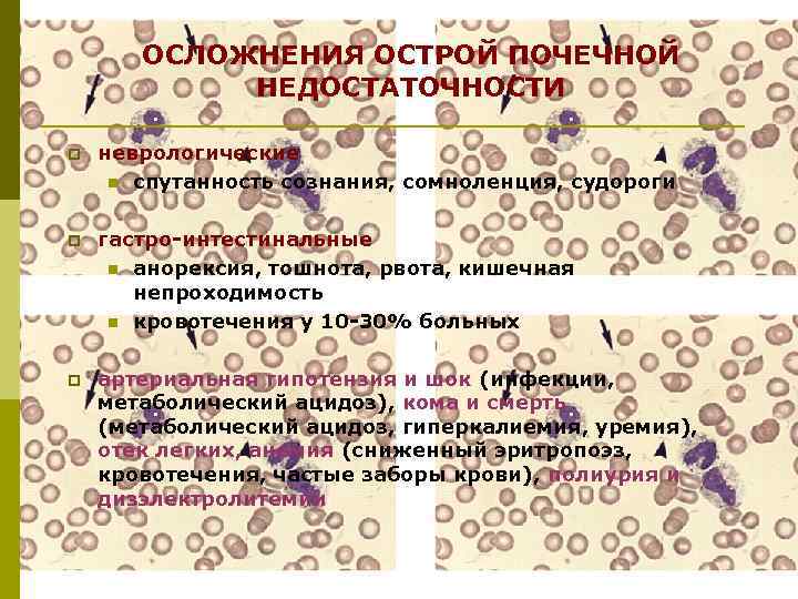 ОСЛОЖНЕНИЯ ОСТРОЙ ПОЧЕЧНОЙ НЕДОСТАТОЧНОСТИ p неврологические n спутанность сознания, сомноленция, судороги p гастро-интестинальные n