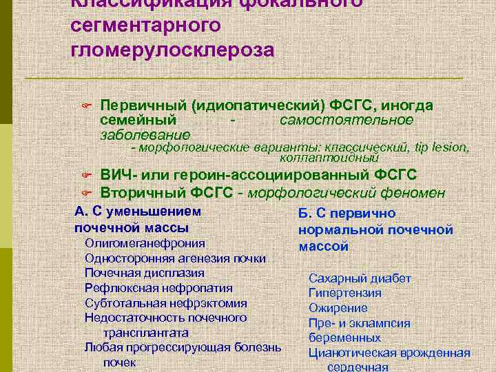 Классификация фокального сегментарного гломерулосклероза F Первичный (идиопатический) ФСГС, иногда семейный самостоятельное заболевание - морфологические