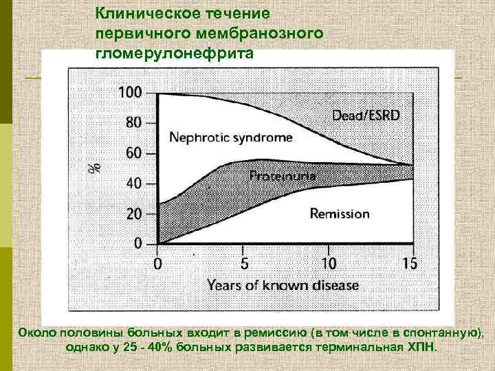 Клиническое течение первичного мембранозного гломерулонефрита Около половины больных входит в ремиссию (в том числе