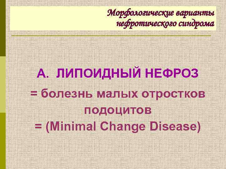 Морфологические варианты нефротического синдрома А. ЛИПОИДНЫЙ НЕФРОЗ = болезнь малых отростков подоцитов = (Minimal