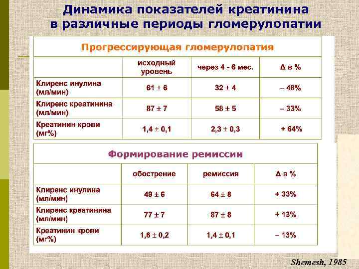 Динамика показателей креатинина в различные периоды гломерулопатии Shemesh, 1985 