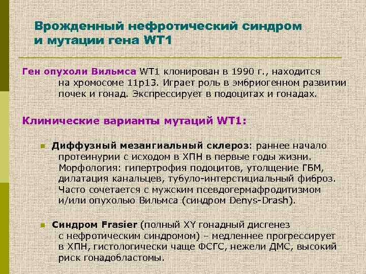 Врожденный нефротический синдром и мутации гена WT 1 Ген опухоли Вильмса WT 1 клонирован