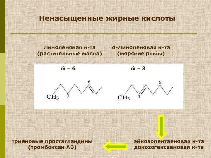 Ненасыщенные жирные кислоты Линоленовая к-та (растительные масла) ώ– 6 триеновые простагландины (тромбоксан А 3)
