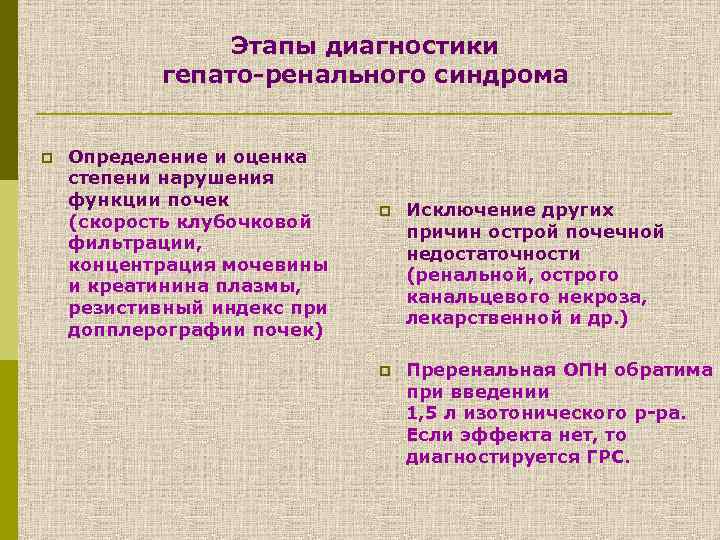 Этапы диагностики гепато-ренального синдрома p Определение и оценка степени нарушения функции почек (скорость клубочковой