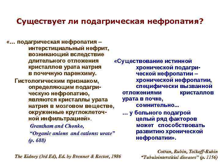Существует ли подагрическая нефропатия? «… подагрическая нефропатия – интерстициальный нефрит, возникающий вследствие длительного отложения