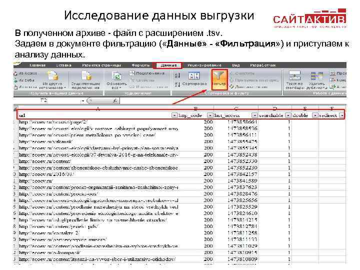 Исследование данных выгрузки В полученном архиве - файл с расширением. tsv. Задаем в документе