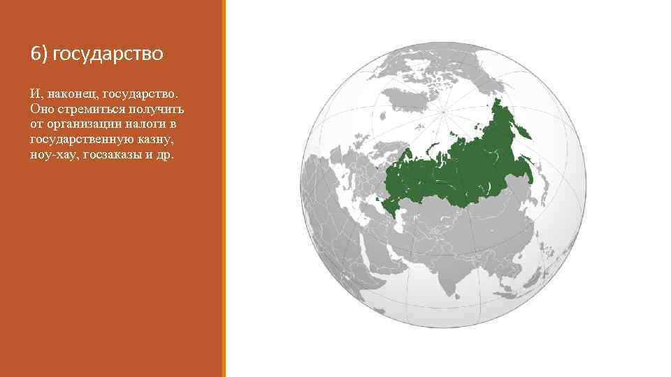 6) государство И, наконец, государство. Оно стремиться получить от организации налоги в государственную казну,